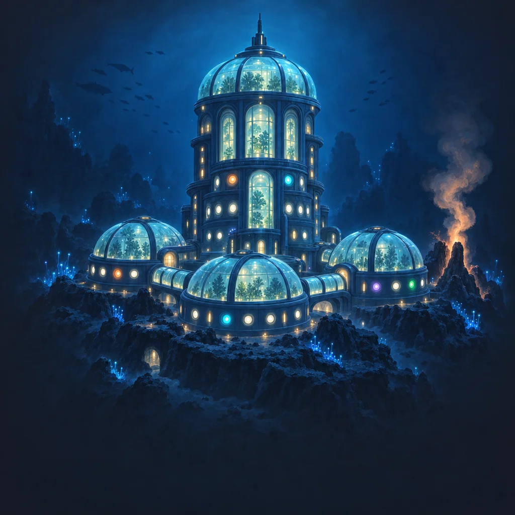 The Lumen Archive: a domed station of lit windows on the dark sea floor, beside a smoking hydrothermal vent.